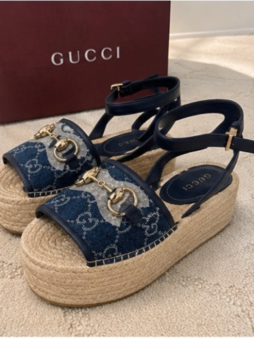 NWT Gucci Paloma GG Denim Horsebit Platform Espadrille Sandals EU 35